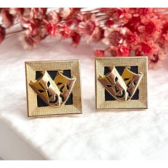 Other - Swank Theater Mask Designed Comedy + Tragedy Gold Toned Square Vintage Enclosure